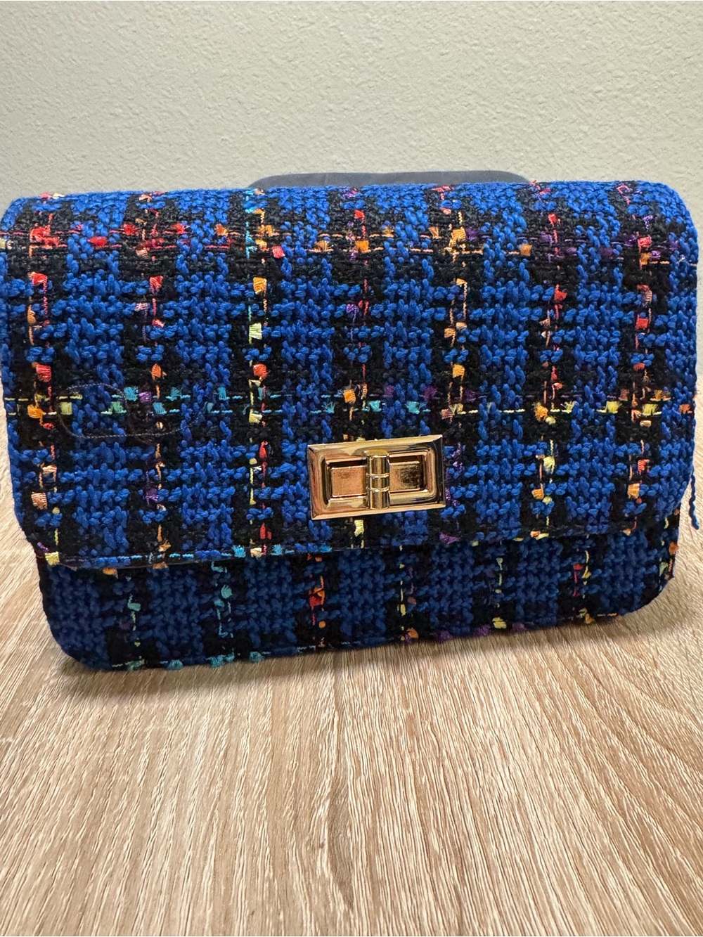 Blue Tweed Shoulder Bag with Gold Turn-Lock